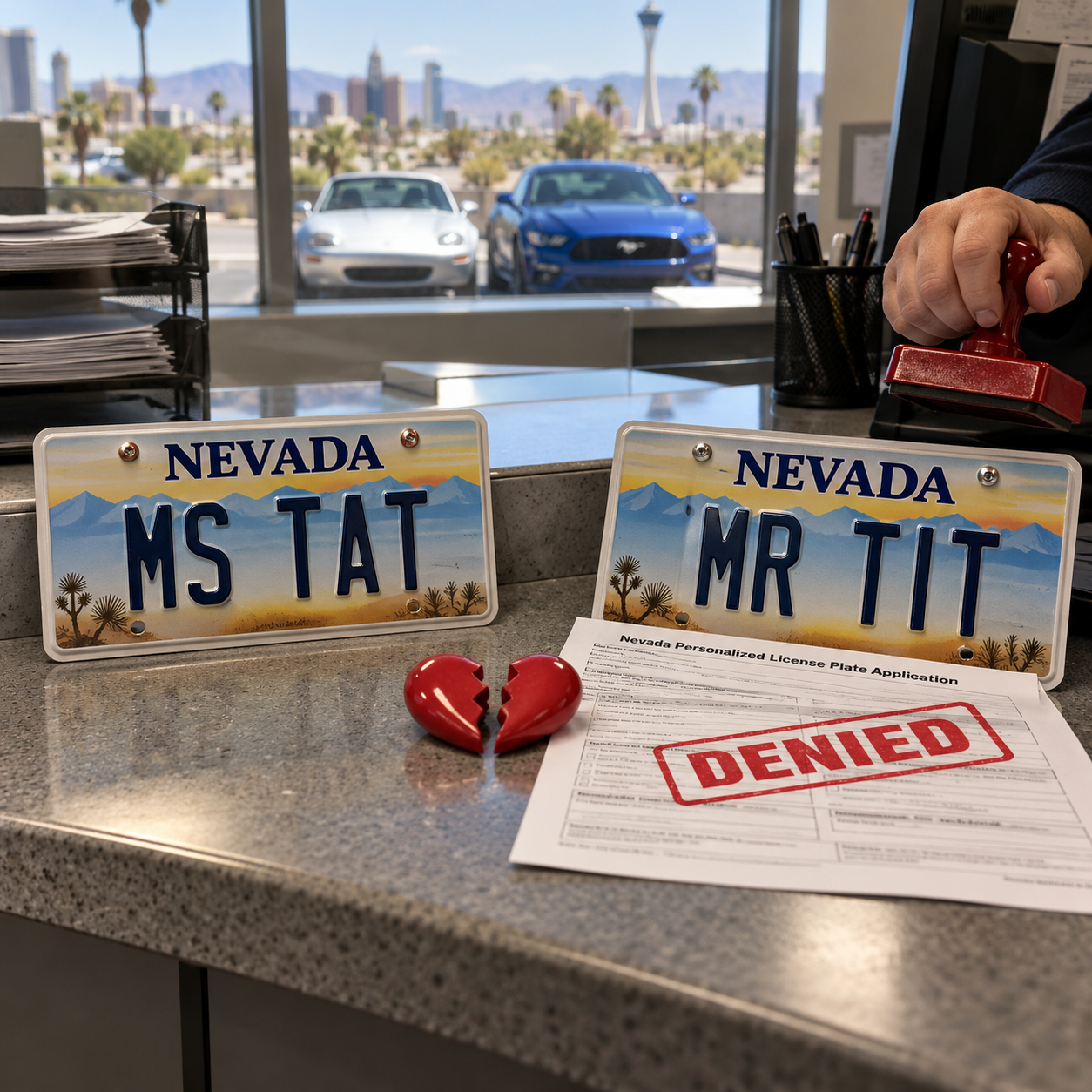 Nevada license plates reading “MS TAT” and “MR TIT” sit on a DMV counter beside a broken heart and an application stamped “DENIED.”