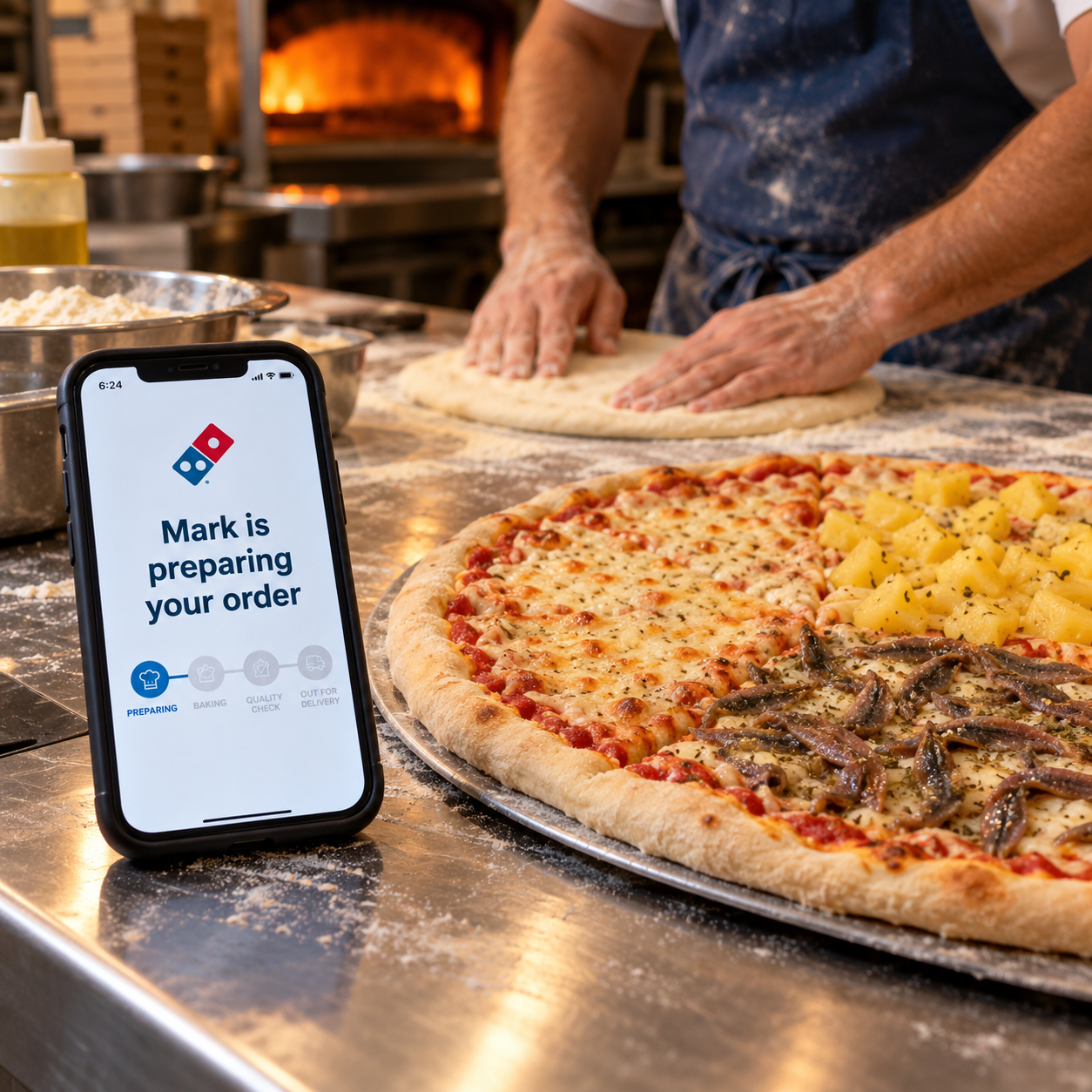 A phone displays “Mark is preparing your order” beside a pizza divided into cheese, pineapple, and anchovy sections, while a worker kneads dough in the background.