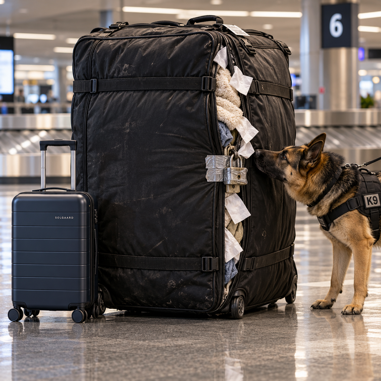 A compact navy Solgaard carry-on beside an enormous suitcase with dryer sheets sticking out, inspected by an airport police dog.