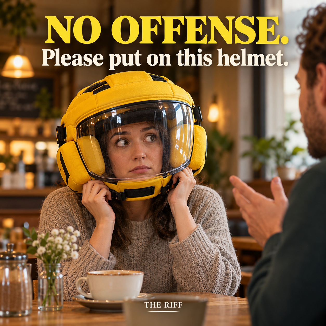 A person wearing a protective helmet braces for a conversation that begins with “No offense.”