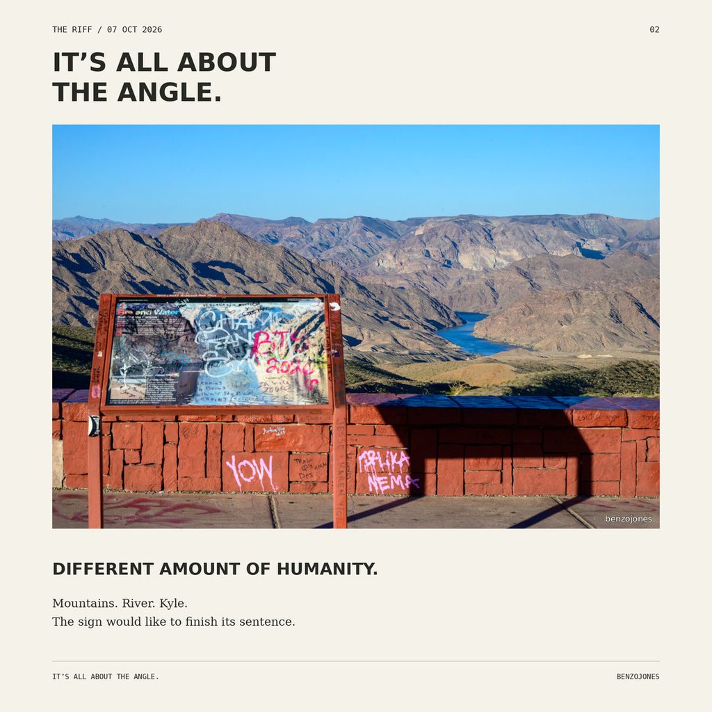 Square editorial slide showing a graffiti-covered scenic overlook sign and brick wall in front of mountains and blue water, captioned “Different amount of humanity,” with a small benzojones watermark.
